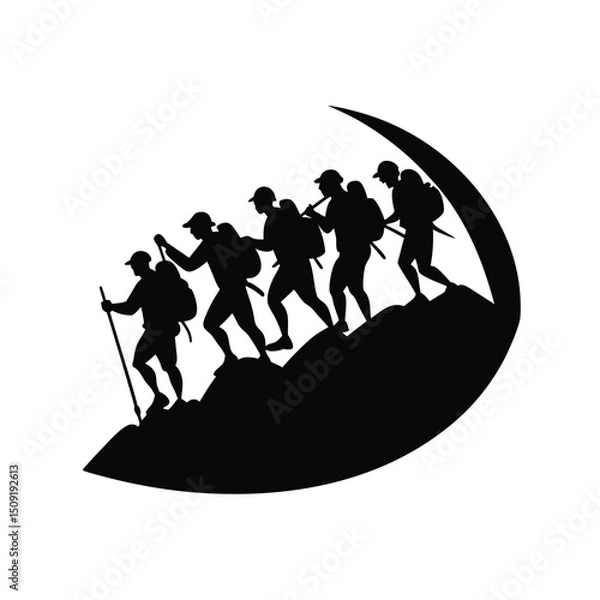 Fototapeta Team Of Hikers Climbing Hill Group Activity Silhouette Vector Art Illustration