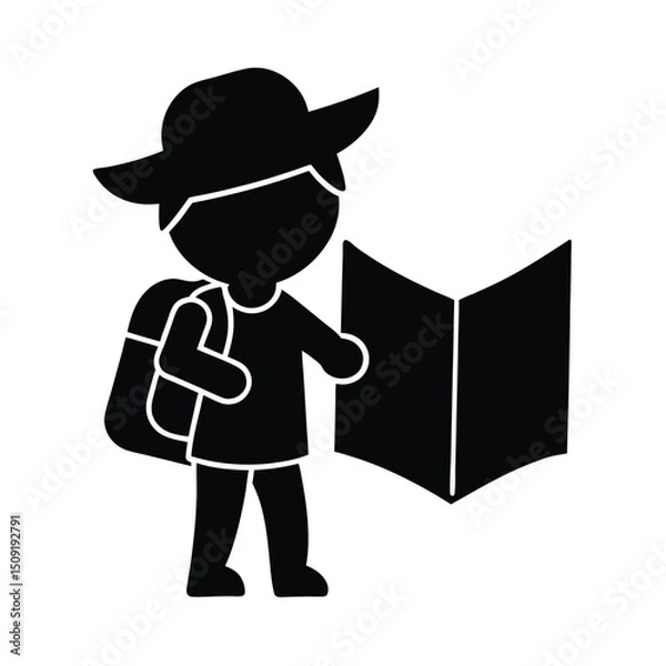 Fototapeta Traveler Looking At Map Backpacker Style Pose Silhouette Vector Art Illustration