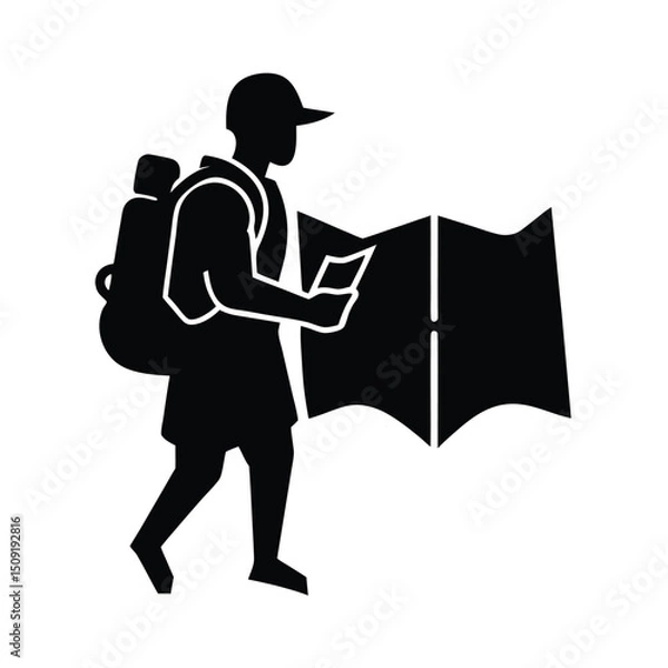 Fototapeta Traveler Looking At Map Adventurer Pose Silhouette Vector Art Illustration