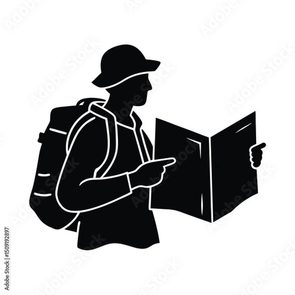 Fototapeta Traveler Looking At Map Exploring Outdoors Silhouette Vector Art Illustration