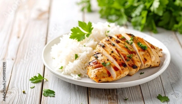 Obraz Grilled chicken breast slices served with steamed white rice and garnished with fresh parsley on a white plate