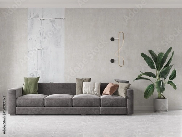Fototapeta Mock up of a modern living room with a stylish comfortable sofa and an original decorative background, 3D rendering.