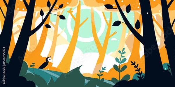Fototapeta Stylized Forest Scene with Bird Trees and Foliage in Warm Tones