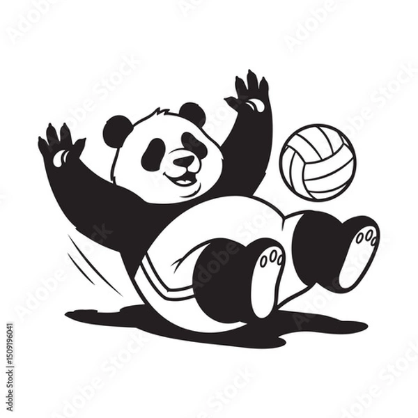 Obraz Happy panda playing volleyball joyfully with outstretched arms in a playful black and white illustration