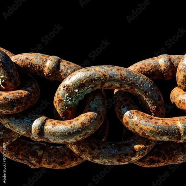Obraz Broken Rusty Industrial Chain Close-Up – Snapped Metal Link with Corrosion and Floating Debris on Black Background