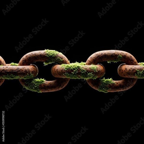 Obraz Broken Rusty Industrial Chain Close-Up – Snapped Metal Link with Corrosion and Floating Debris on Black Background