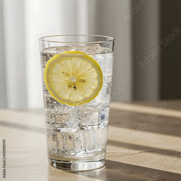 Obraz Elegant Glass of Sparkling Water with Lemon and Ice on Beige Stone Surface – Refreshing Minimalist Still Life with Eucalyptus Decor
