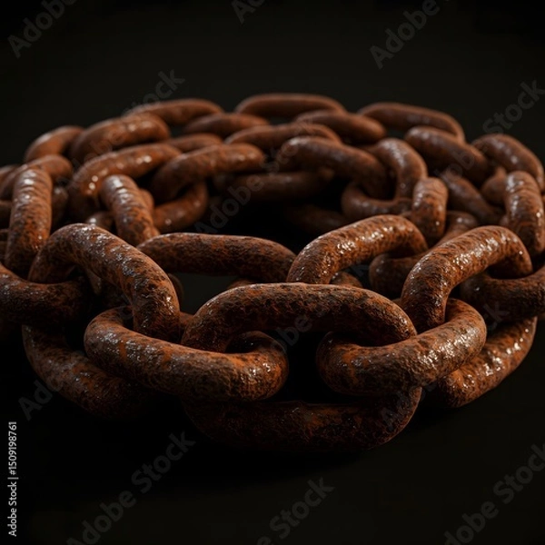 Obraz Broken Rusty Industrial Chain Close-Up – Snapped Metal Link with Corrosion and Floating Debris on Black Background