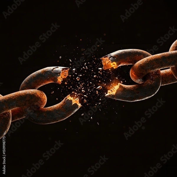 Obraz Broken Rusty Industrial Chain Close-Up – Snapped Metal Link with Corrosion and Floating Debris on Black Background