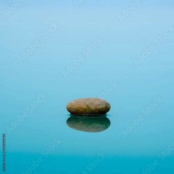 Obraz Peaceful River Stone Floating on Turquoise Water with Misty Horizon – Minimalist Nature Background
