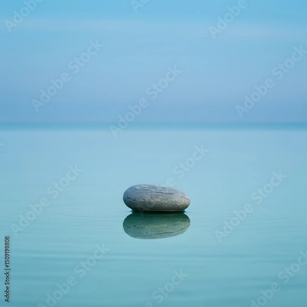 Obraz Peaceful River Stone Floating on Turquoise Water with Misty Horizon – Minimalist Nature Background