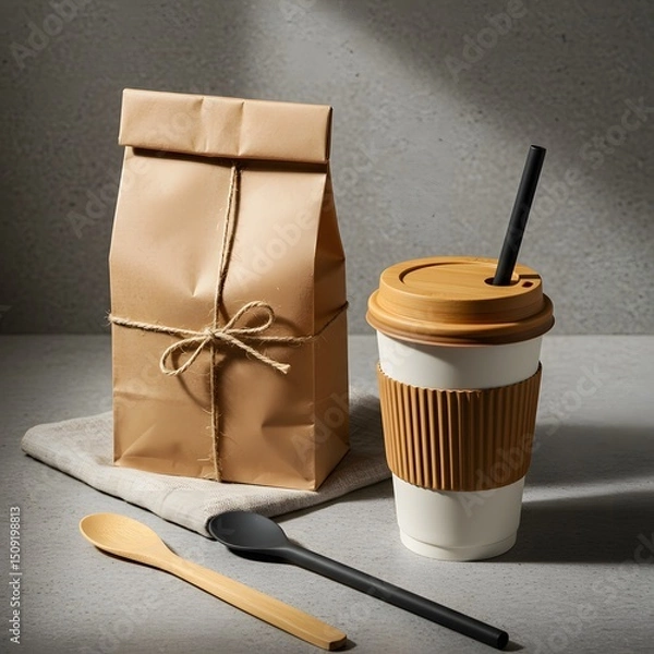 Obraz Minimalist Eco-Friendly Coffee Scene with Kraft Paper Cup, Bag, and Wooden Scoop on Neutral Tabletop