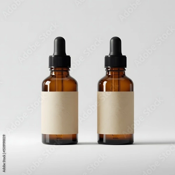 Obraz Elegant Amber Dropper Bottles with Minimalist Beige Labels on White Background – High-End Product Photography