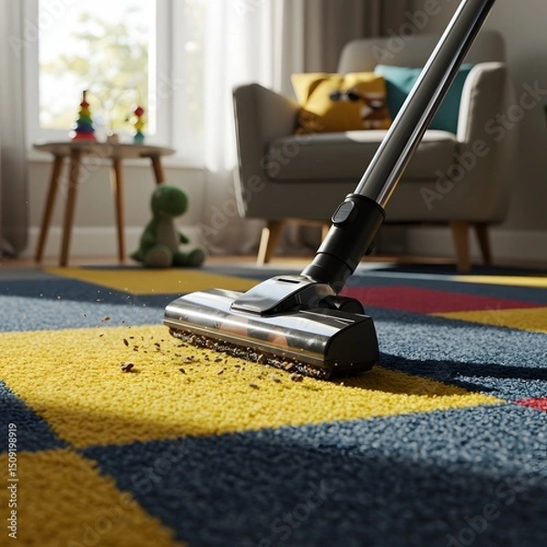 Obraz Powerful High-Tech Vacuum Cleaner in Action on Colorful Geometric Carpet – Close-Up Home Cleaning Scene with Toys