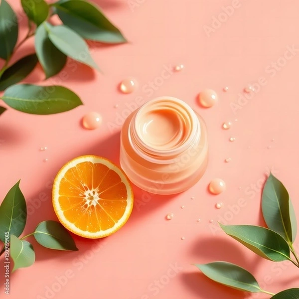 Obraz Minimal Skincare Flat Lay with White Jar, Rose Cream, Wildflowers, Mint, Grapefruit on Blush Pink Background