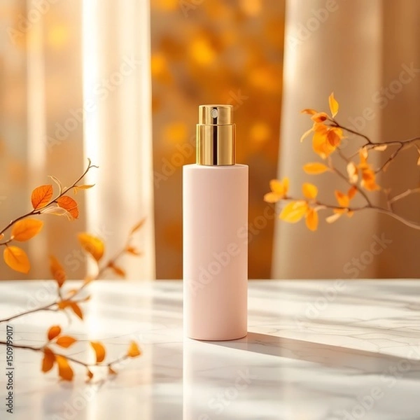 Obraz Elegant Blush Pink Skincare Bottle with Gold Cap on Marble – Autumn Beauty Product Scene with Warm Natural Light and Fall Foliage