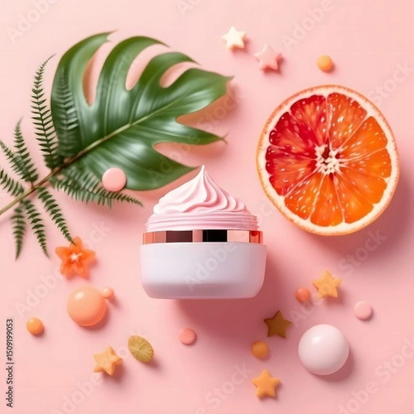 Obraz Minimal Skincare Flat Lay with White Jar, Rose Cream, Wildflowers, Mint, Grapefruit on Blush Pink Background