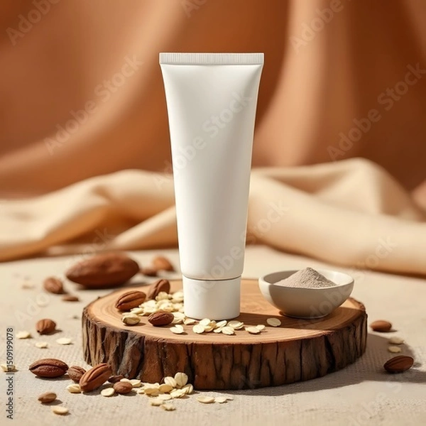 Obraz Minimalist White Skincare Tube with Natural Ingredients on Walnut Wood Slice – Organic Beauty Product Mockup with Cocoa, Oats, and Clay in Rustic Setting