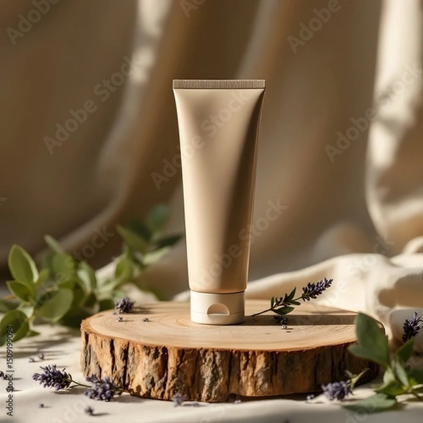 Obraz Minimalist White Skincare Tube with Natural Ingredients on Walnut Wood Slice – Organic Beauty Product Mockup with Cocoa, Oats, and Clay in Rustic Setting