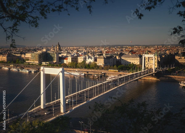Fototapeta Beautiful view of Elisabeth Bridge in Budapest, Hungary, captured on a clear spring afternoon in May