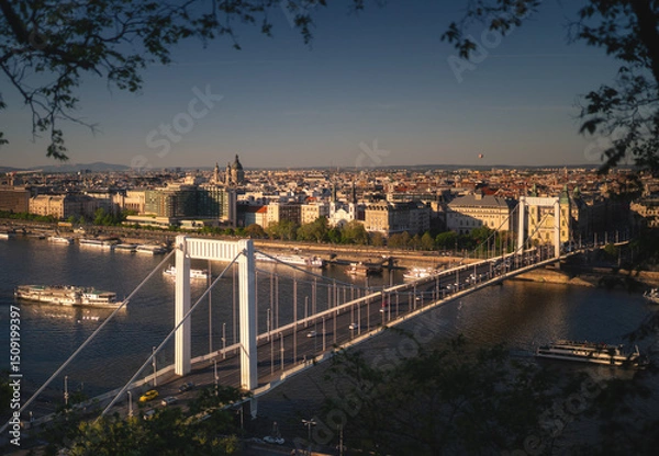 Fototapeta Beautiful view of Elisabeth Bridge in Budapest, Hungary, captured on a clear spring afternoon in May