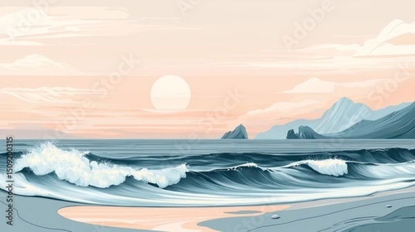 Fototapeta Coastal scene at sunrise with gentle waves.