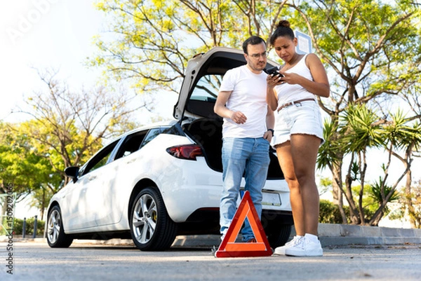 Obraz Couple using smartphone next to broken car with open trunk and warning triangle