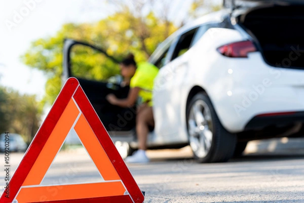 Obraz Woman placing warning triangle after car breakdown on road