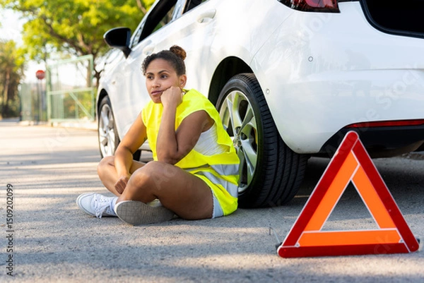 Obraz Worried woman waiting near broken car on roadside with warning triangle