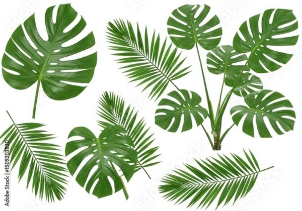 Fototapeta Assortment of vibrant foliage including monstera and palm leaves on display