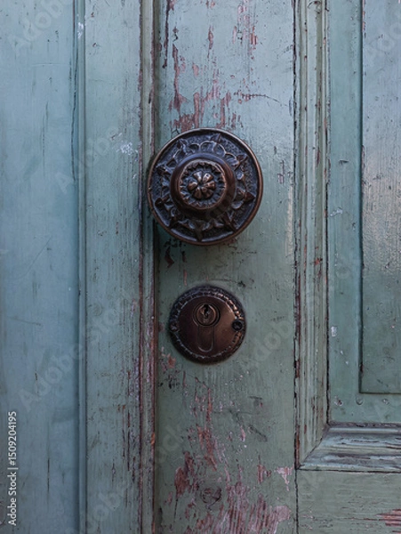 Fototapeta Part of an old wooden door, light in color, with a metal handle