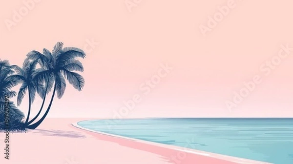 Fototapeta Pastel beach scene with palm trees.