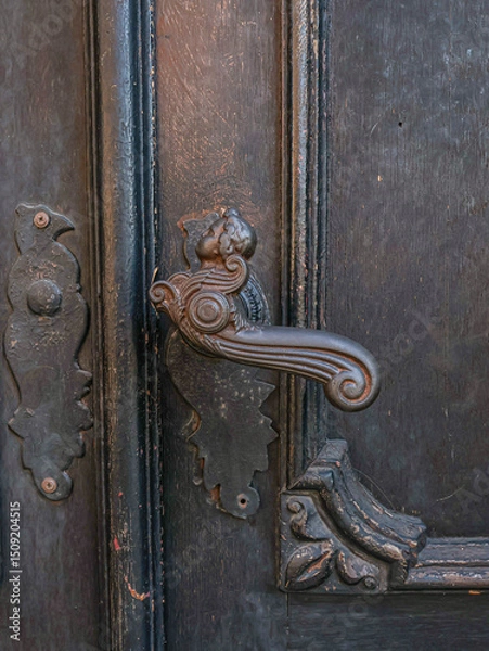 Fototapeta Part of a  front door, made of wood, black in color, metal handle, interesting shape