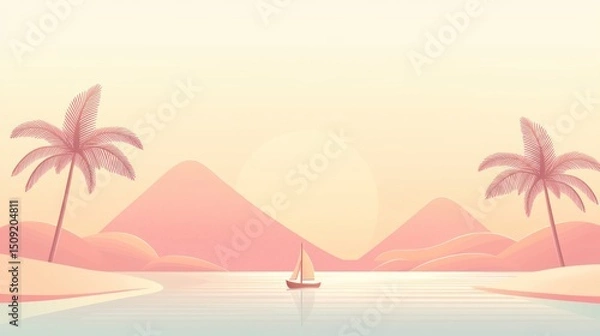 Fototapeta Pastel pink landscape with palm trees and a sailboat.