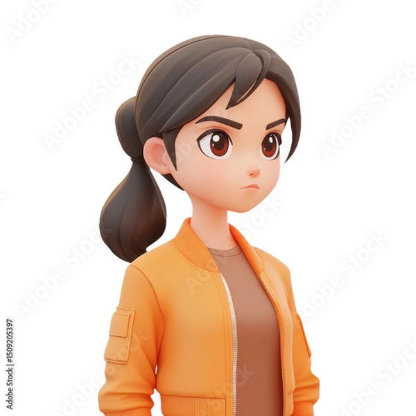 Fototapeta Charming 3D Cartoon Girl Character Portrait: A Digital Render of Youthful Style and Modern Design, Isolated on Transparent Background