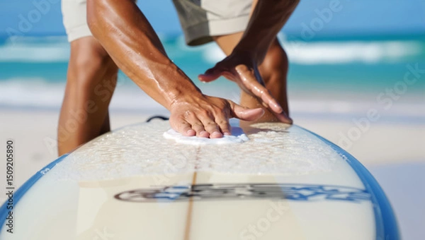 Fototapeta Pre-surf ritual: surfer's hands meticulously waxing surfboard for optimal grip on sunny tropical beach, ocean waves in background. Active summer sport lifestyle, adventure awaits