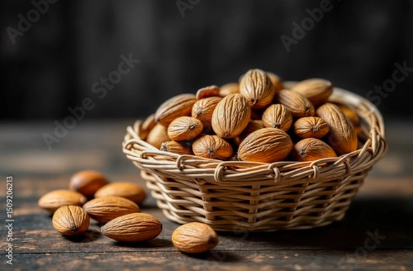 Fototapeta Decorous arrangement of almonds in a woven basket on a rustic wooden table showcasing natural textures and colors