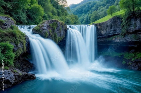 Fototapeta Majestic waterfall cascades through lush greenery in a serene natural setting during daylight hours