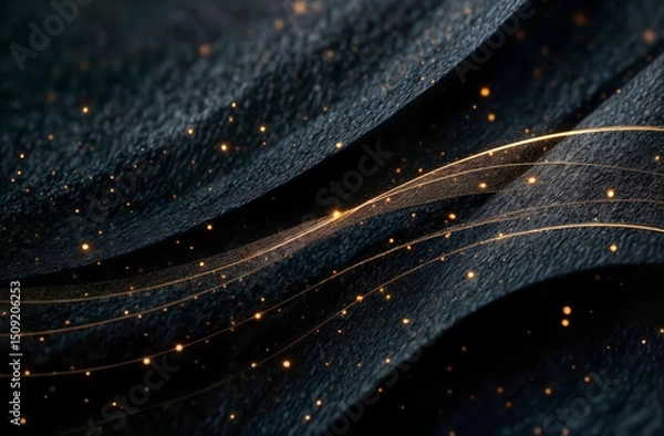 Fototapeta Luxurious dark fabric gently billows, adorned with shimmering golden sparkles that add an enchanting touch. This captivating visual plays with light and texture, inviting imagination.