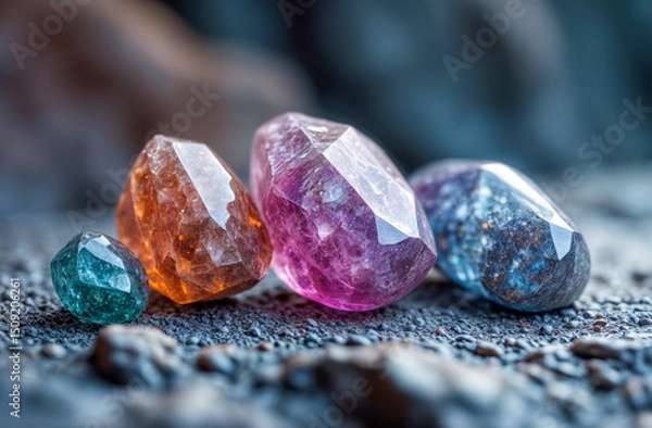 Fototapeta Colorful gemstones arranged on textured surface showcasing natural beauty in bright sunlight during daytime
