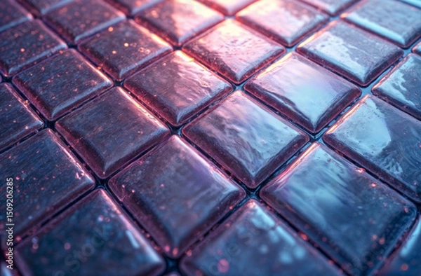 Fototapeta Reflective tiles create a colorful pattern in a modern interior setting during the evening