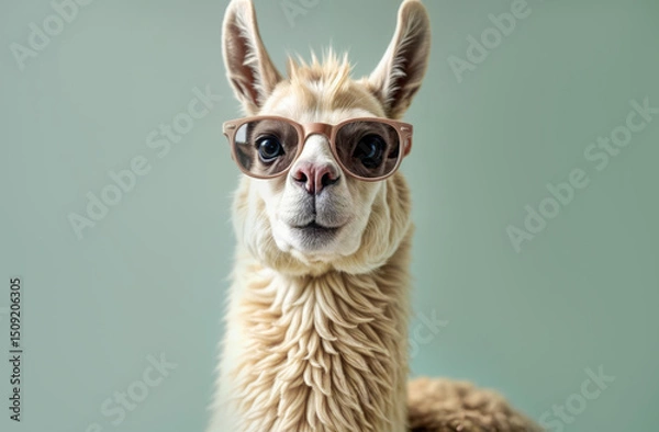 Fototapeta Llama wearing sunglasses poses for a playful moment indoors at a studio setting with a soft background