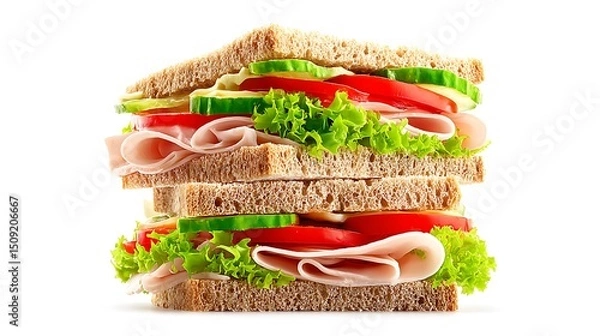 Fototapeta Delicious stacked club sandwich with turkey tomato cucumber and fresh lettuce isolated