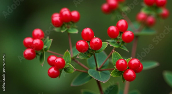 Fototapeta Hypericum berries portrait close up small round red clustered fruit plant botanical natural nature