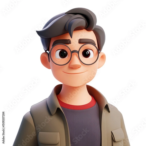 Fototapeta Charming Cartoon Character Portrait: A Smiling Young Man with Glasses in Animated Style