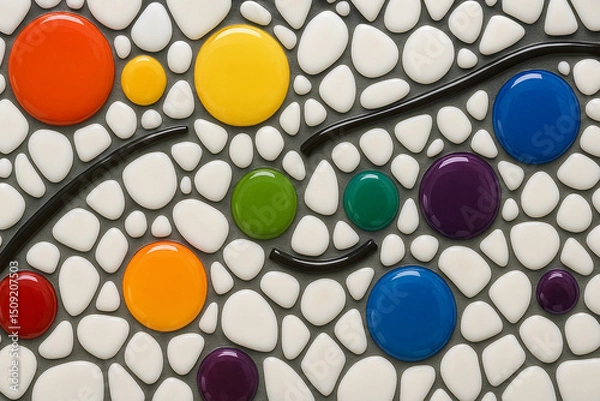 Obraz Colorful Glossy Mosaic Wall Art with Rainbow Circular Glass Pieces and Abstract White Tiles for Modern Interior Decoration