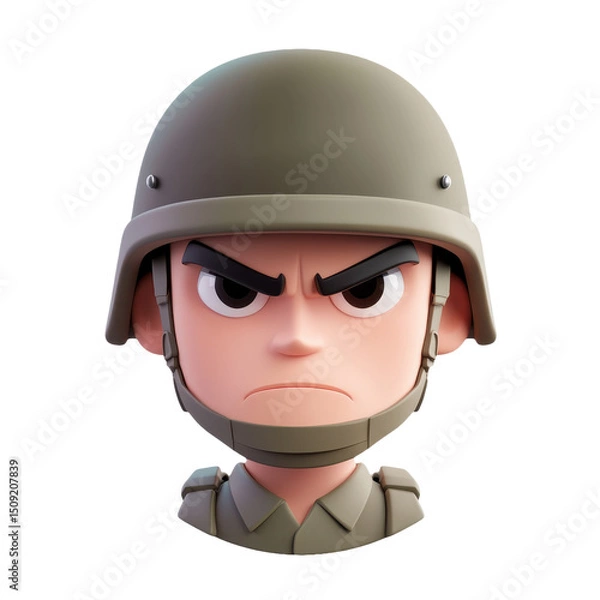 Fototapeta Furious Cartoon Soldier: A 3D Render of an Angry Military Character in Helmet and Uniform, Ready for Battle and Guarding Security with a Serious Expression