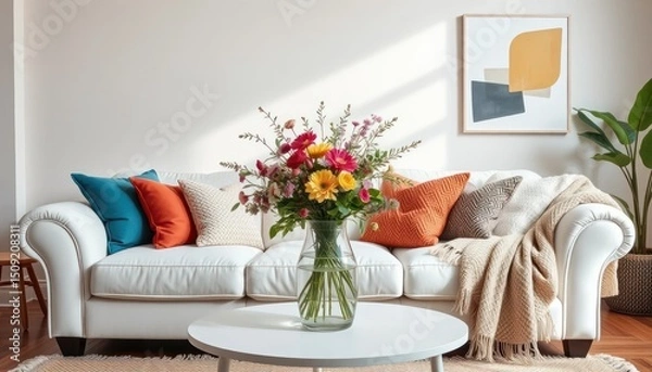 Fototapeta Elegant living room scene with vibrant floral centerpiece on a round table, fostering a bright and inviting ambiance for relaxation