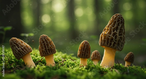 Fototapeta Wild morel mushrooms in a lush mossy forest a spring foraging adventure and mushroom identification