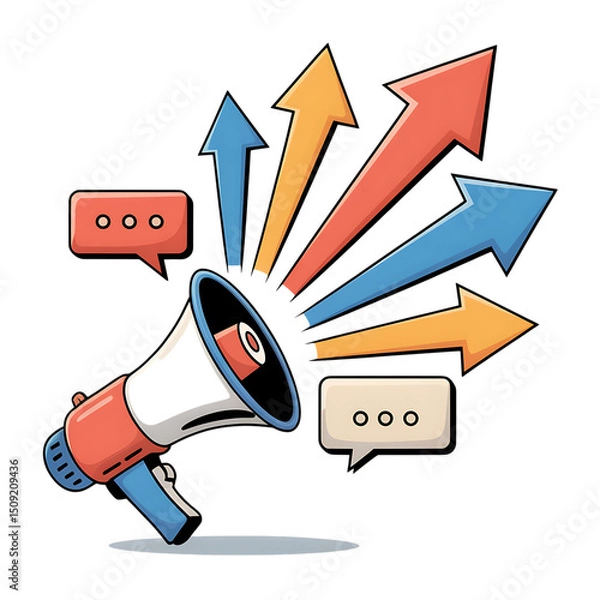 Obraz Megaphone with Arrows and Speech Bubbles Representing Communication and Promotion